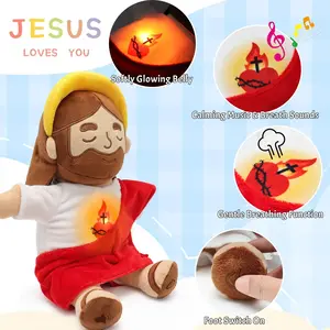 Breathing Jesus Plush Toys with Light & Sound, Jesus Stuffed Animal Plushy Doll, Christian Catholic Religious Plushie Christmas Easter Gifts for Kids Baby