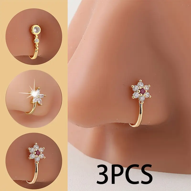 3PCS Adjustable Vintage Boho Chic Nose Clip Set Women Flower Round Sparkling Cubic Zirconia Nose Ring Clip No Piercing Required