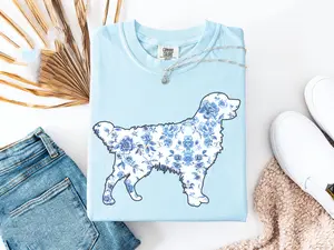 Golden Retriever Silhouette Comfort Colors T-Shirt, Blue Toile Golden Retriever Tee, Cute Dog Lover Shirt, Pet Lover Tee, Dog Mom T-Shirt