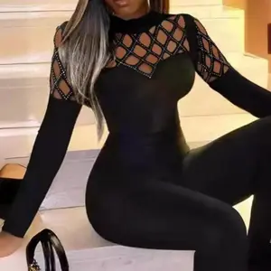 Women’s patchwork mesh waist-cinching slim-fit flared jumpsuit/overalls