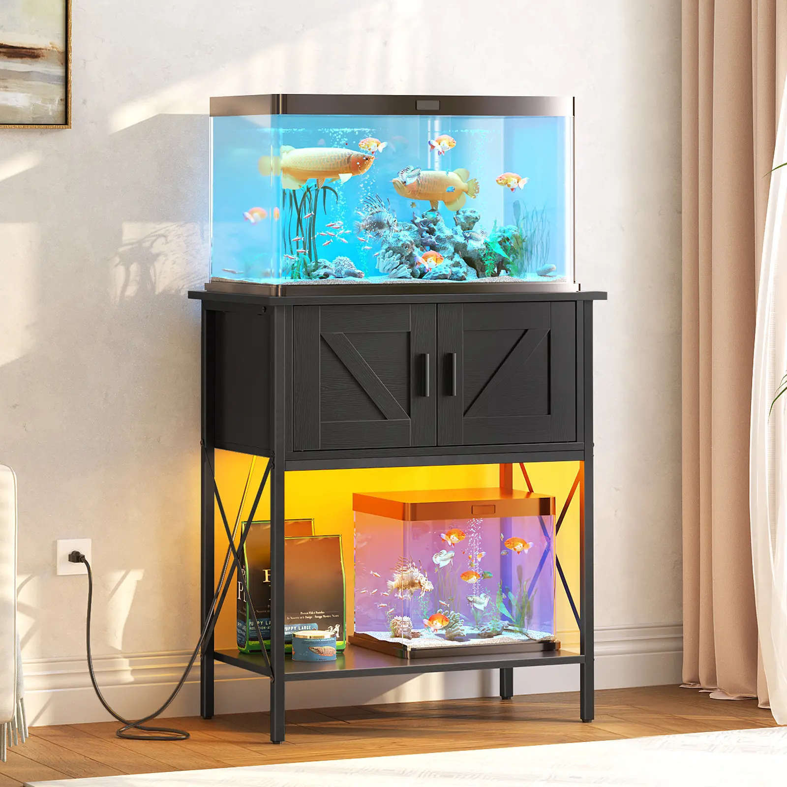 HOOBRO 20 Gallon Fish Tank Stand with Power Outlets and LED Light, Metal Frame Aquarium Stand, Reptile, Turtle Tank Stand with Cabinet Storage, 27.6'' L x 15.7'' W, 300 LBS Capacity, Black#springtok #SummerVibes