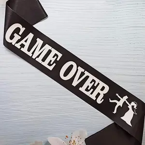 1pc Funny "Game Over" Wedding Sash with Couple Silhouette - White & Black Fabric Groom/Groomsmen/Bridesmaid Accessory for Bachelor Party, Bachelorette, Wedding Decorations - Playful Wedding Party Gift Idea for Bride & Groom