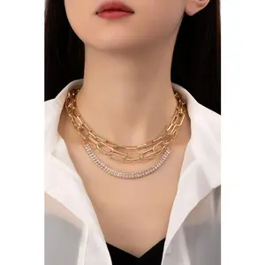 *Britney Gold Necklaces Set with Mixed Chains and Rhinestones