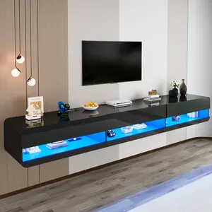 94.5" Wall Mounted Floating TV Stand with LED Lighting and Built In Power Outlet Modern High Gloss Entertainment Center with Open Storage Shelves