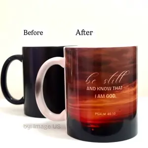Heat Color Changing Mug 11 oz Ceramic - Be Still and Know That I Am God Psalm 46:10 Design Before After Transformation