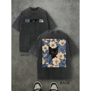Motion Range "Cat in the Flowers" Double-Sided Print T-Shirt |   Retro Washed 230gsm Cotton, Men's Casual Comfortable Street Style Tee, Vintage Floral Feline Graphic Top Oversized Streetwear Menswear Soft Tshirt