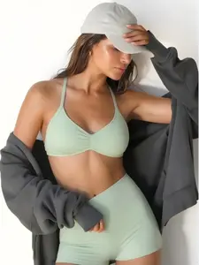 Women's Two-Piece Set, Solid Color Halter Top & High Waist Shorts, Sporty Breathable Quick-Dry Activewear Shorts Set for Yoga Gym Workout Running, Stretch Gym Set, Gym Workout Sets, Athletic Workout Set