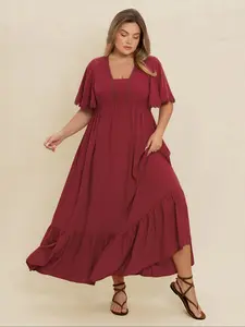 [Plus Size] Plain Ruffle Trim Hem Dress, Casual Short Sleeve Dress for Summer, Women's Plus Clothing for Bohemian Casual Dress, Casual Boho Fashion
