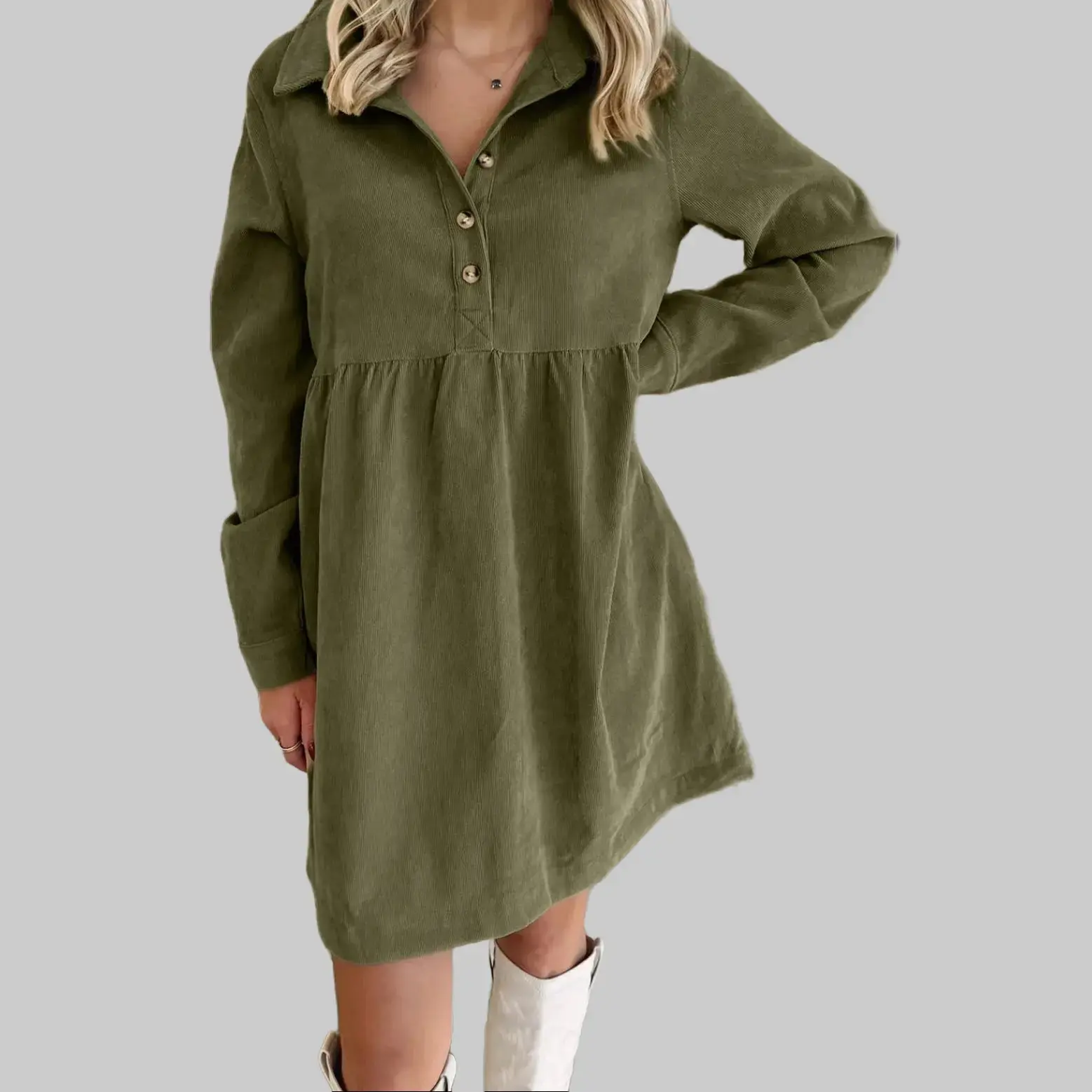 Women's Casual Textured Above-Knee Length Babydoll Dress - Collared, Long-Sleeve, Chic Half-Button Adjustable Placket, Polished Vibe, Versatile for Coffee Dates, Premium Fabric