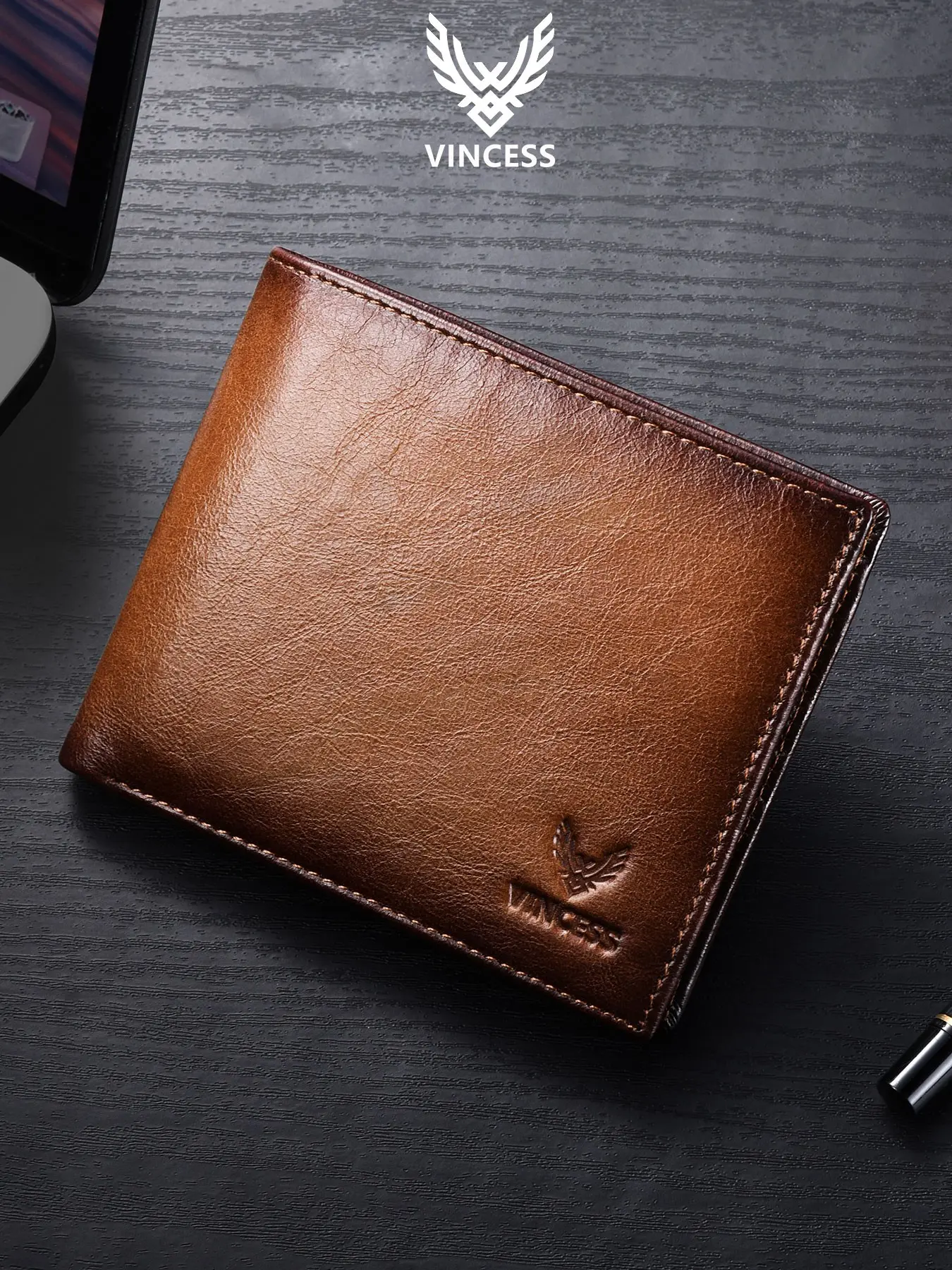 Vincess Genuine Leather Men's Wallet, Exquisite Wallet, Vintage Fashion Cowhide Material, Anti-Theft Credit Card Holder, Large Capacity Multi-Card Slots, Genuine Leather Wallets