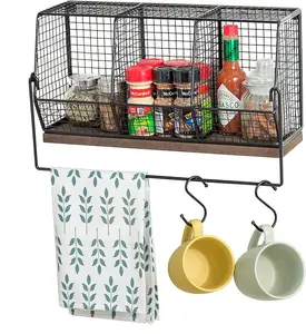 Wall-Mounted Chicken Wire Kitchen Organizer Shelf Rack, Fruit Storage Basket with Towel Bar and 4 S-Hooks