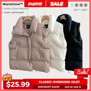 【Clearance】PUFFIT WarmCore Premium Women Warmer Oversized Puffer Gilet, Sleeveless Waistcoat Quilted Vest, Water Repellent Deep Pockets Adjustable Toggles Versatile Style