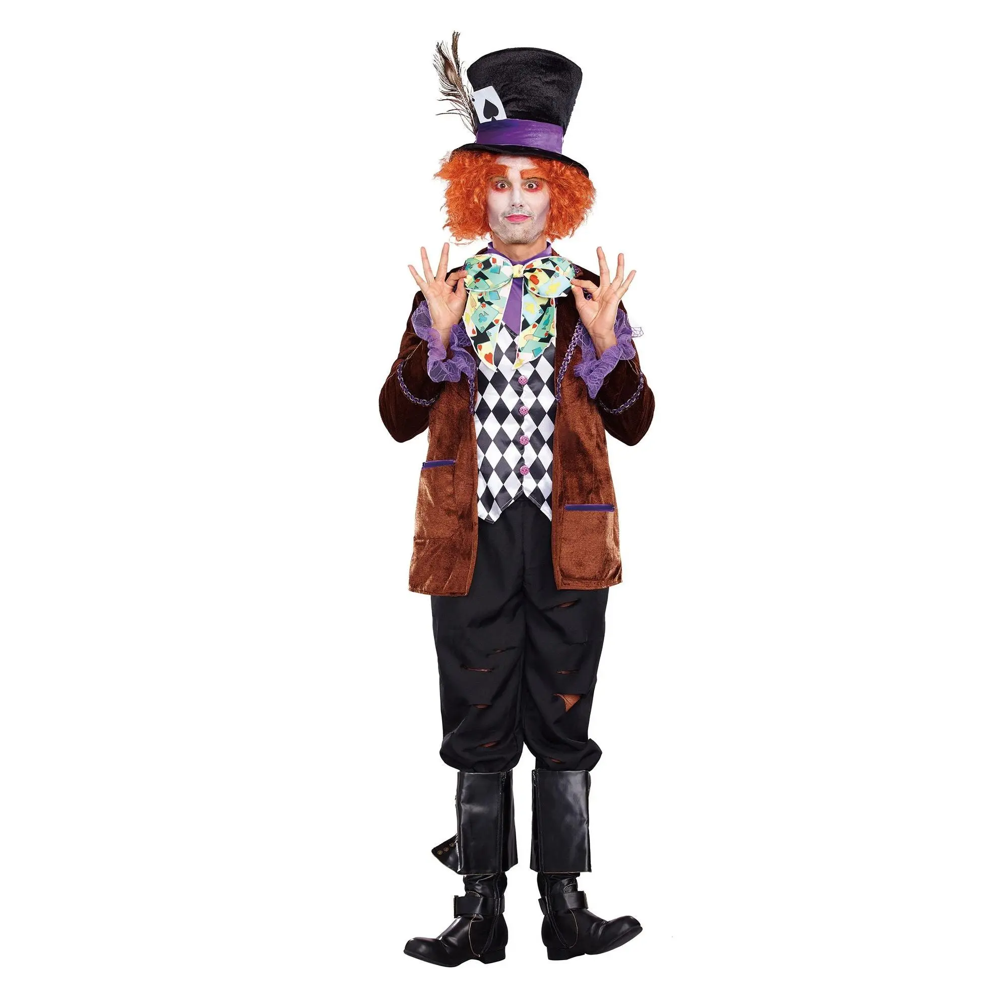 Hatter Madness Men Costume - Velvet Jacket with Purple Pockets, Printed Vest & Oversized Hat - Ideal for Theatrical Performances & Themed Events - Menswear Clothes Set