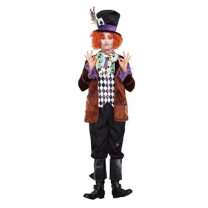 Hatter Madness Men Costume - Velvet Jacket with Purple Pockets, Printed Vest & Oversized Hat - Ideal for Theatrical Performances & Themed Events - Menswear Clothes Set
