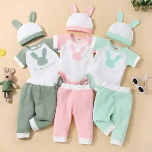 3 Pcs 0-18M Baby Boys Girls Clothes Set Easter Rabbit Print Short Sleeve Romper+Contrast Color Long Pants+Hat Gift