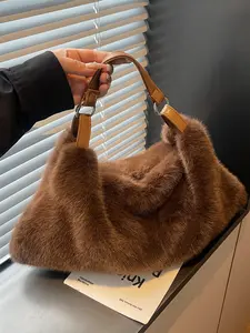 Ladies' Autumn Winter Shoulder Bag, Fashionable Simple Casual Retro Plush Bag, Solid Color Versatile for Daily Commuting Shopping, Hobo Crossbody Bags