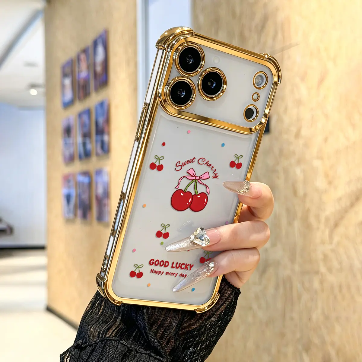 Phone Case: Sweet Cherry Pattern Four Corner Bumper Clear Protective Cover For iPhone 17 Pro max 17 Air 16 15 16e 14 13 12 11 Pro Max Plus X XS A perfect gift & Samsung Galaxy S26,S25,S24,S23,S22,S21 Gold