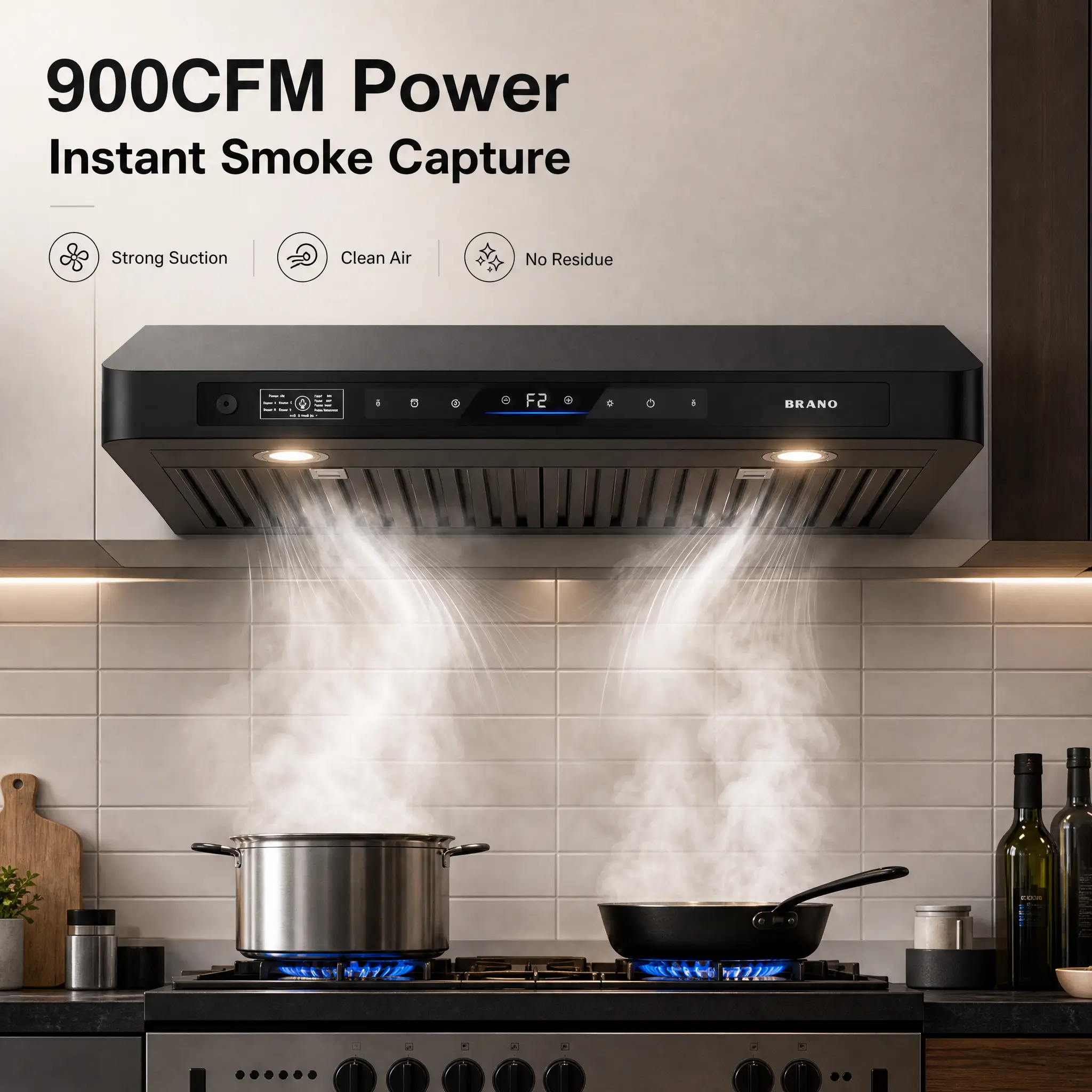 Smart Voice & Gesture Range Hood,BRANO Under Cabinet 30 Inch Range Hood,900 CFM Powerful Suction