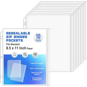 10 Pack Letter Size Binder Pockets 3 Ring Binder Zipper Pouch, 3-Hole  Resealable Zip Loose Leaf Insert Bags PVC Document Organizer Folders Page Sheet Protectors for 8.5x11 Paper