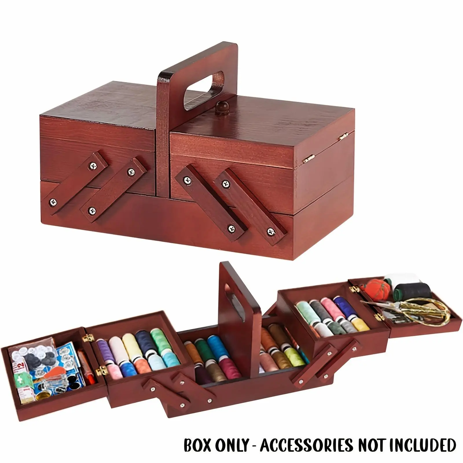 Vintage Solid Wood Sewing Kit Organizer - Portable Handheld Needle and Thread Storage Box with Compartments for Home Craft Tools, Assorted Needles