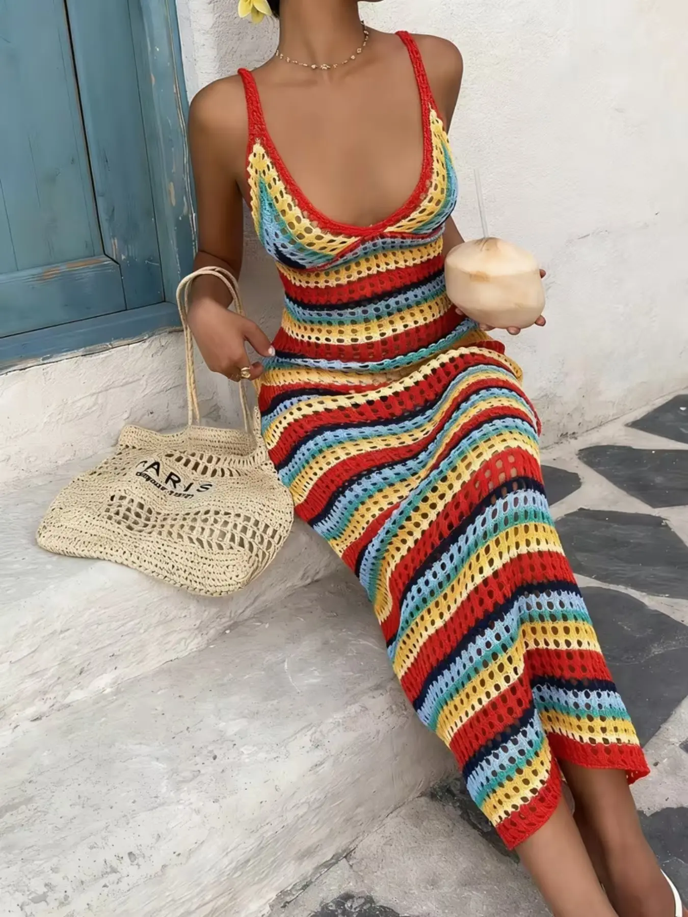 Women's Crochet Long Dress, Boho Maxi Dress, Thin Strap Spaghetti Strap Deep V Neck Rainbow Striped Design, Bohemian Boho Summer Romantic Beach Style, Hollow Knit, Slim Fit, Handmade Craft