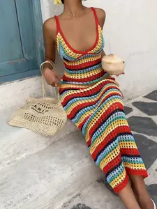 Women's Crochet Long Dress, Thin Strap Sleeveless Deep V Neck Rainbow Striped Design, Boho Bohemian Beach Summer Romantic Style, Hollow Knit, Slim Fit, Handmade Craft