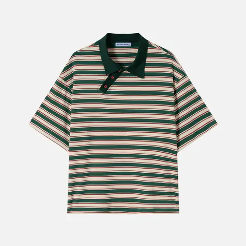 AELFRIC EDEN Menswear Retro Striped Shortsleeve Polo Tee - Stretchy 5% Spandex Polyester Blend, Vintage Regular Fit, Asymmetric Button Placket, 2000S Streetwear, True-To-Size, Soft Texture, Retro Vibe, Modern Ease