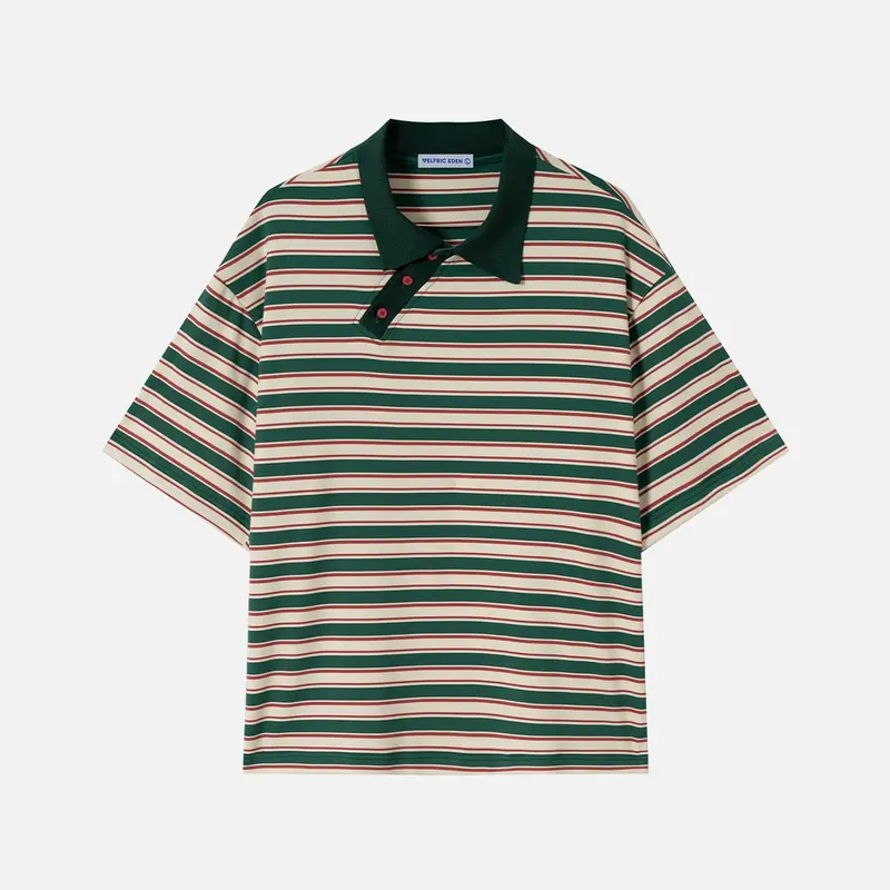 AELFRIC EDEN Menswear Retro Striped Shortsleeve Polo Tee - Stretchy 5% Spandex Polyester Blend, Vintage Regular Fit, Asymmetric Button Placket, 2000S Streetwear, True-To-Size, Soft Texture, Retro Vibe, Modern Ease