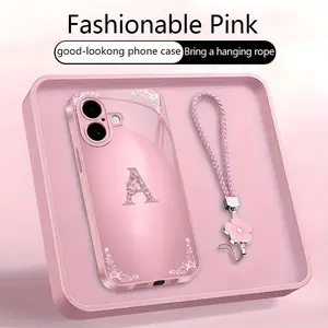 Suitable for [iPhone 16 Plus] Women's high-end phone case，Free four-leaf clover lanyard included—featuring pink floral letters. Choose from all 26 letters!.YM99