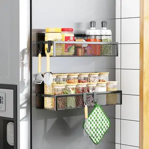 Magnetic Spice Rack for Refrigerator, 2 Pack Magnetic Shelf, Fridge Magnet Organizer with Moveable 4 Hooks, Magnetic Fridge Shelf for Kitchen Organization and Storage (2 Pack)
