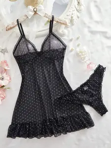 2pcs Polka Dot Nightgown Set, Sexy Women's Sheer Mesh Lingerie, Chemise Slip Dress with Panty, Elegant Sleepwear for Ladies