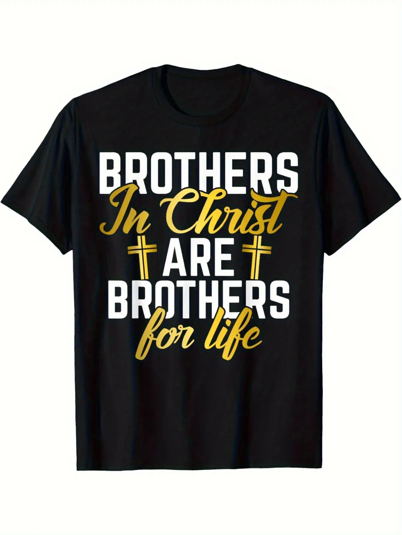 1pc Brothers in Christ Faith T-Shirt - 180g Heavyweight  Cotton Black with White & Golden Cross Print - Religious Church Group Outfits Study Apparel Brotherhood Gift for Men &