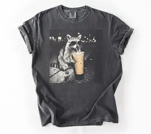 Comfort Colors Retro Raccoon Drinking Iced Coffee T-Shirt, Funny Animal Meme Tee, Coffee Lover Raccoon TShirt, Unisex Graphic T Shirt