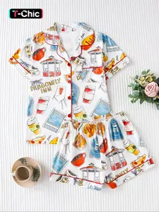 Women's Letter Cupcakes All-Over Printed Sleepwear Loungewear Set, Casual Fitted Short Sleeve Top & Loose Comfortable Shorts, Elegant Ladies' Pajama Suit, Womenswear, Pyjamas, Matching PJ Set, Homewear, Nightwear Lounge Set, Pajamas Sleepwear