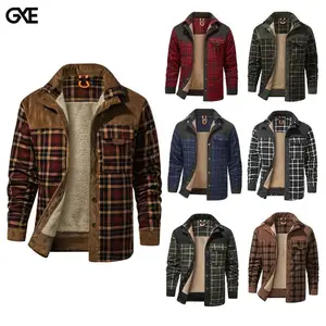 GXE men’s medium-size fleece-lined sherpa plaid shirt jacket — warm outdoor coat with front snap button closure and pockets; army green and cozy outerwear; classic menswear soft plaid design; stylish patchwork casual top; checked long sleeves