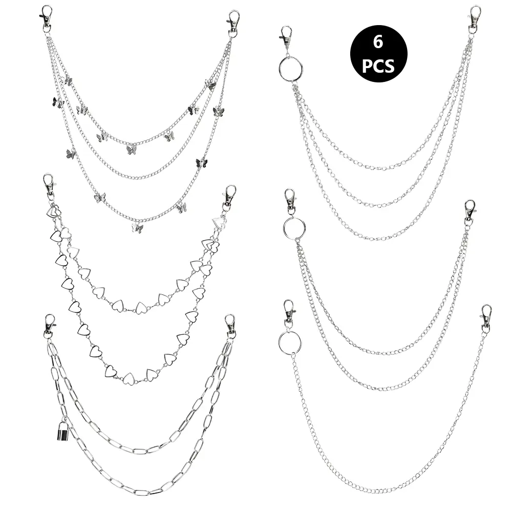 6 PCS Jeans Chain Belt Waist Pocket Pants Chains Belt Punk Accessories Body Belly Goth Chain for Women Men Body Jewelry