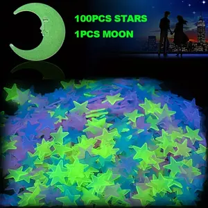 100pcs 3D Glow-In-The-Dark Stars & 5.12'' Moon, Reusable Self-Adhesive Wall Stickers for Ceiling & Wall Decor, Romantic Home Art Decoration