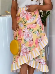 Floral Print Ruffle Wrap Skirt