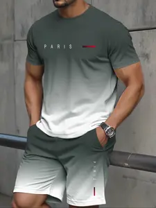 Men's Gradient Color Ombre Short Sleeve T-Shirt & Drawstring Shorts Matching Set Outfit, Paris Print Casual Summer, Fitted Round Neck Top & Sporty Shorts, Menswear