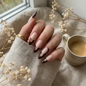 Premium Earthy Chrome Collection | Almond Tortoiseshell Beige Chocolate Gradient Grey Micro-Dot Gold Foil Wavy French Tip Accent - No Glue Reusable Long-Lasting High-Shine Manicure