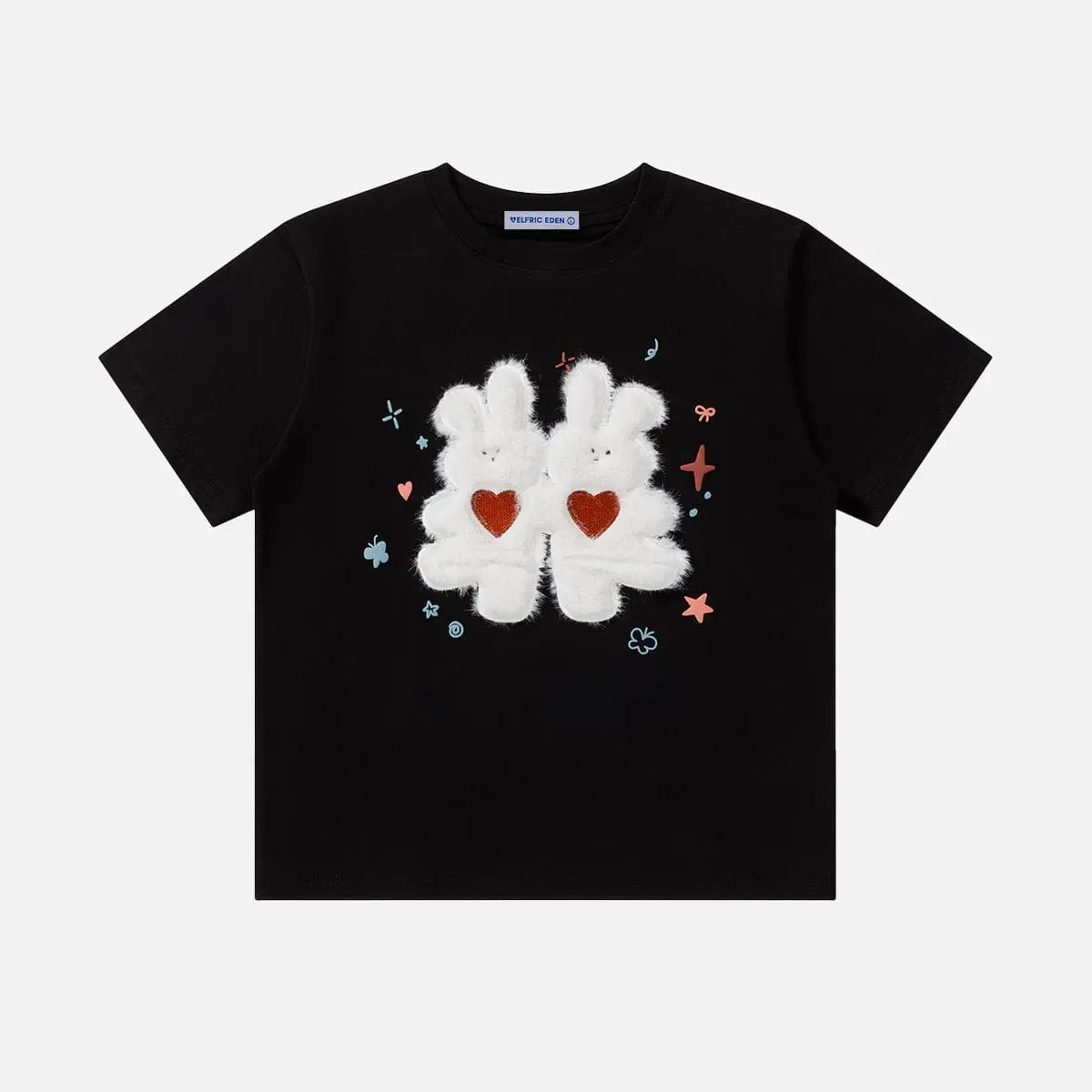 Aelfric Eden Women's Short-Sleeve Soft Cotton Plush Tee - Oversized Statement Preppy Top, Fuzzy Embroidered Bunny Graphic, Heart Print, Casual Streetwear, Cute Shirts, Cotton Graphic Tees