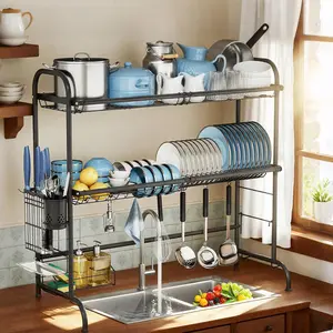 Dish Drying Rack - Stainless Steel Over The Sink Dish Drying Rack (Expandable Length), 2 Tier Large Dish Rack with Utensil Holder, 32.3" - 33.9"(L) x 11.4"(W) x 32.3"(H) Black