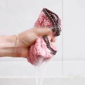 Ultra-Absorbent Coral Velvet Kitchen Towels – Pink with Checkered Trim, Pineapple Texture & Hanging Loop for Dishwashing, Hand Drying & Countertop Cleaning
