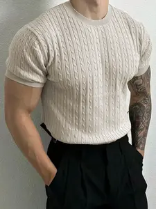 Men's classic ribbed round-neck short-sleeved knitted sweater, Knitwear, featuring pure color with vertical stripes design, round-neck casual fashion Minimalist style, suitable for daily wear, a must-have casual item for daily use