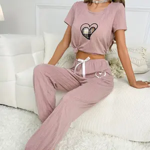 SERACAL 2-Piece Women's Knitted Striped Pajama Set, Comfortable Breathable Loungewear with Elastic Waist, Casual Sports & Home Wear for All-Day Relaxation