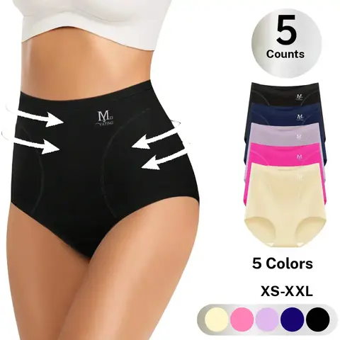 Women's 5-Pack High Waist High Stretch Seamless Polyester Elastane Knit Solid Color Panties - Basic, Elegant, Tummy Control, Soft, Lightweight, Breathable Underpants, Body Shaping, Stays in Place, Foldable for Everyday Wear, S-XXL