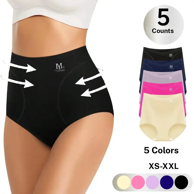 Women's 5-Pack High Waist High Stretch Seamless Polyester Elastane Knit Solid Color Panties - Basic, Elegant, Tummy Control, Soft, Lightweight, Breathable Underpants, Body Shaping, Stays in Place, Foldable for Everyday Wear, S-XXL