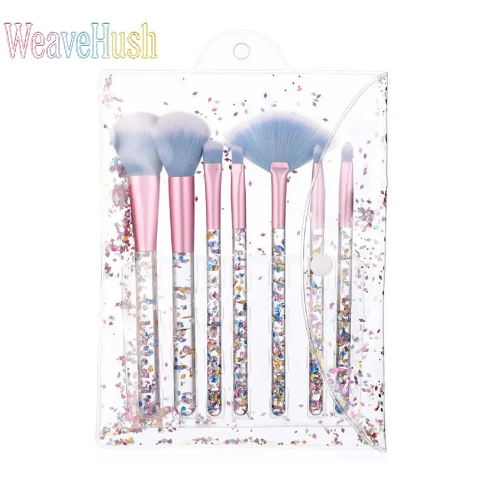 7-Piece Professional Eye Makeup Brush Set, Starry Sky Quicksand Design with Transparent Sequin Crystal Handles, Set Pack