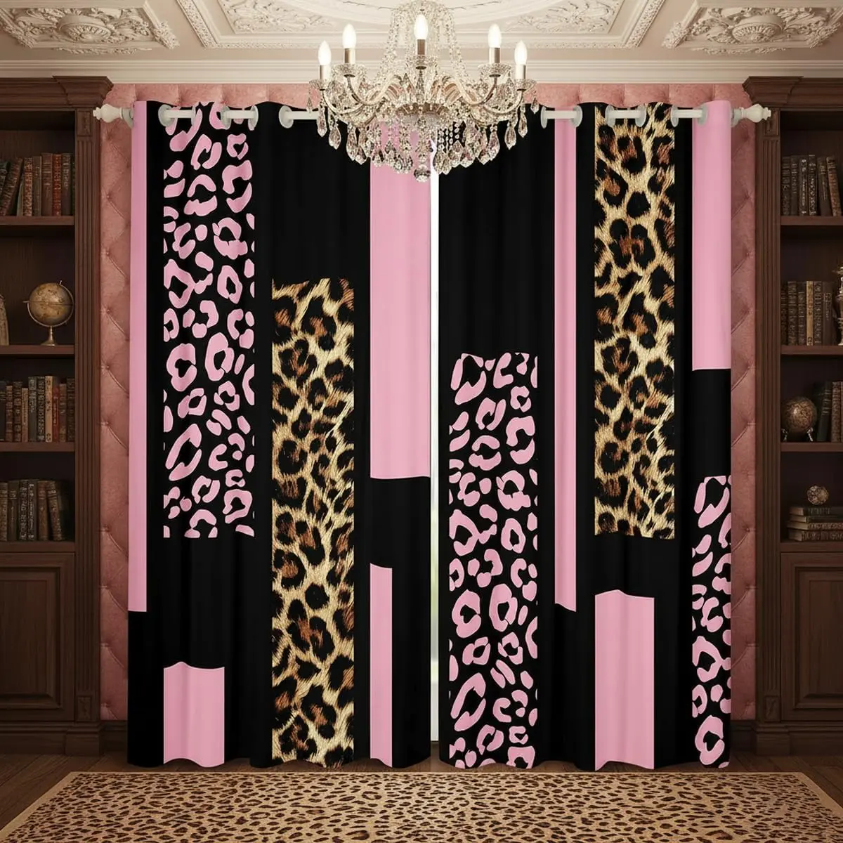 Women Pink Cheetah Print Blackout Curtains Modern Striped Leopard Curtains Wild Safari Skin Pattern Window Treatments Fashion Geometric Cheetah Art Drapes 2 Panels