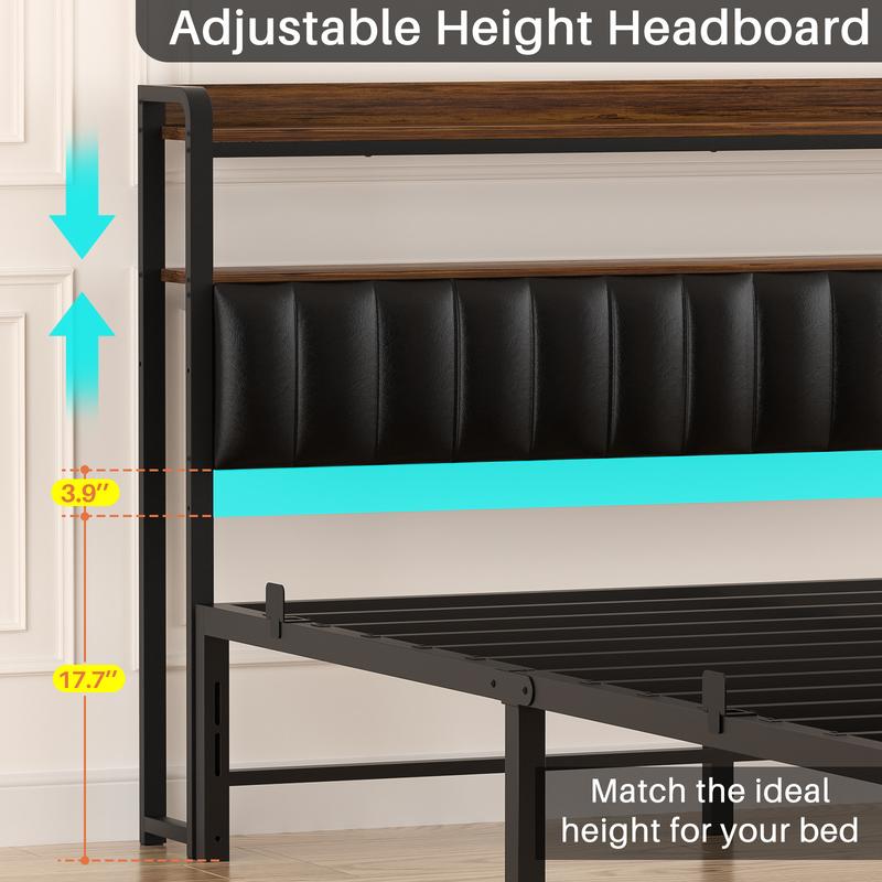 Homieasy Bed Frame with Charging Station and LED Lights, Adjustable Upholstered Headboard, Steel Slat Support, No Box Spring Needed, Rustic Brown king  bed Unique Bedroom Furniture